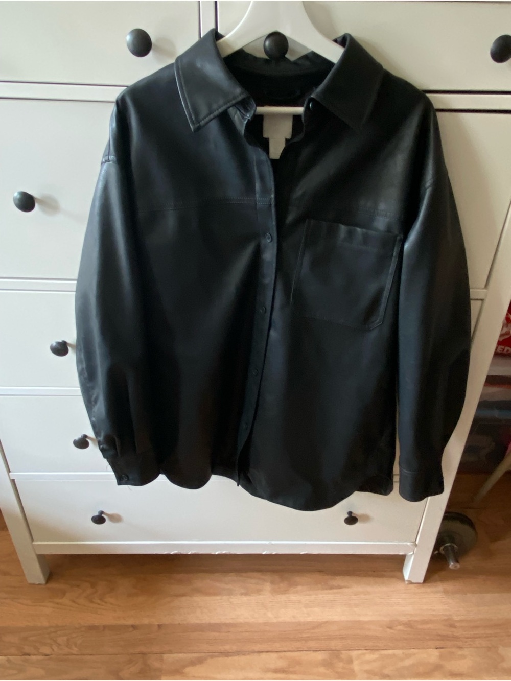 H&M Black Faux Leather Button-Up Shirt Jacket